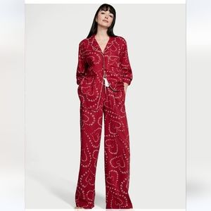 ❤️💋 VICTORIA'S SECRET FLANNEL LONG PAJAMA SET Red Swirl Heart 💋❤️